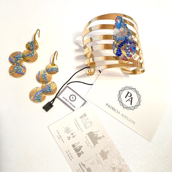 Gold Plated Bangle + Earrings BLUE Agate - Picture 1 of 7